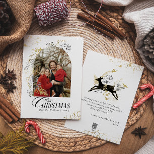 Gold & Black Floral Boho Arch Photo Christmas Holiday Card
