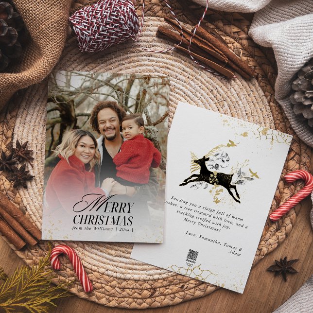 Gold & Black Floral Boho Arch Photo Christmas Holiday Card (Creator Uploaded)