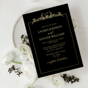 Gold Black Floral Border Monogram Wedding