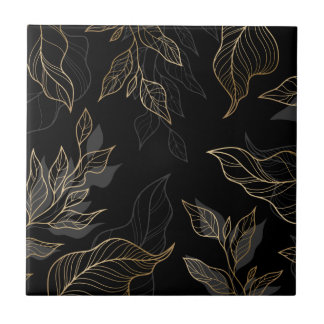 Gold Black Floral Ceramic Tile