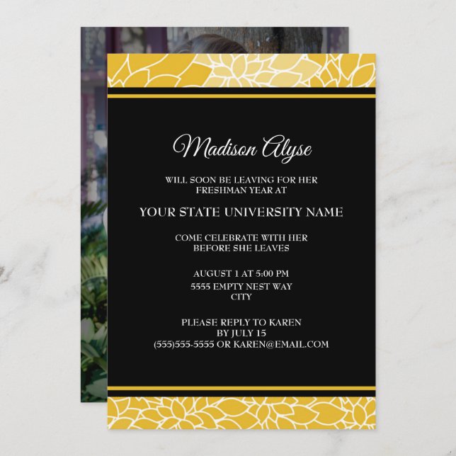 Gold Black Floral College Trunk Party Photo Invite (Front/Back)