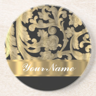 Gold & black floral damask coaster