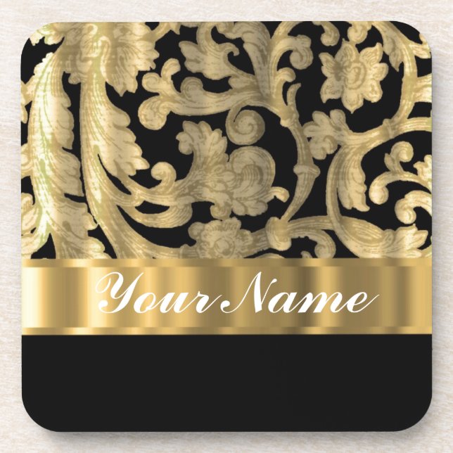 Gold & black floral damask coaster (Front)