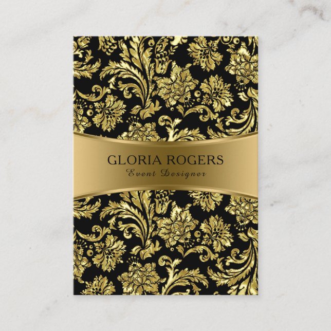Gold & Black Floral Damasks Event Designer Templat Business Card (Front)