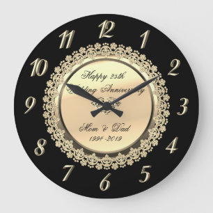 Gold,Black  Floral Diamond25th Wedding Anniversary Large Clock