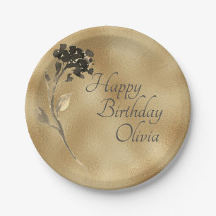 Gold Black Floral Elegant Watercolor Birthday Paper Plate