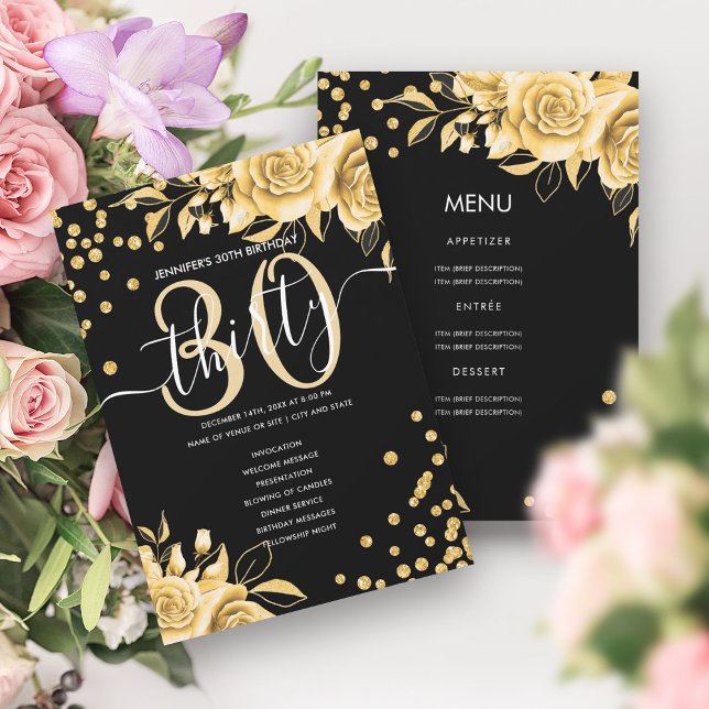 Gold Black Floral Glitter 30 Birthday Menu Program (Gold Black Floral Glitter 30 Birthday Menu Program)