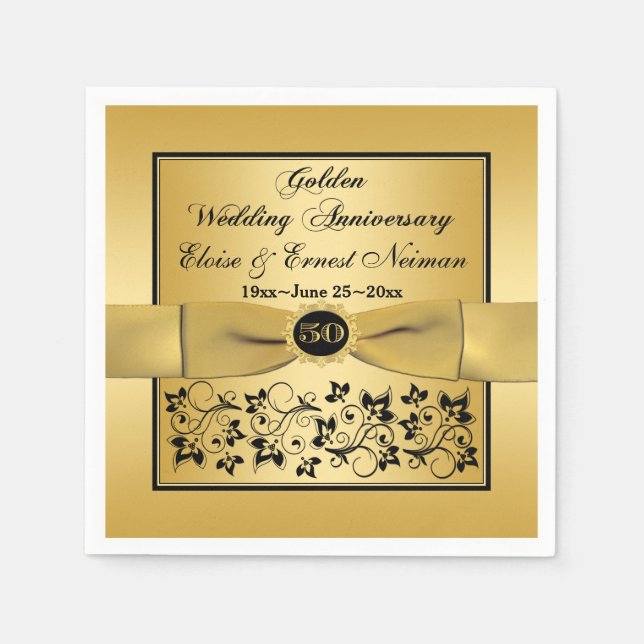 Gold, Black Floral Golden Anniversary Napkins (Front)