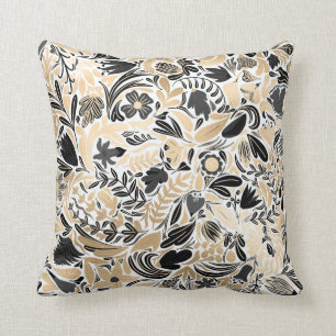 Gold Black Floral Leaves Illustration Pattern Cushion