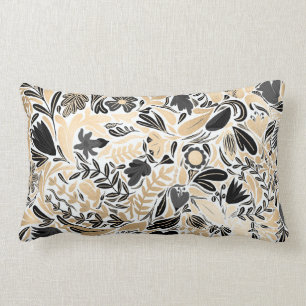 Gold Black Floral Leaves Illustration Pattern Lumbar Cushion