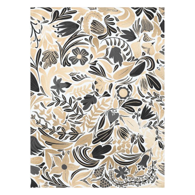 Gold Black Floral Leaves Illustration Pattern Tablecloth (Front)