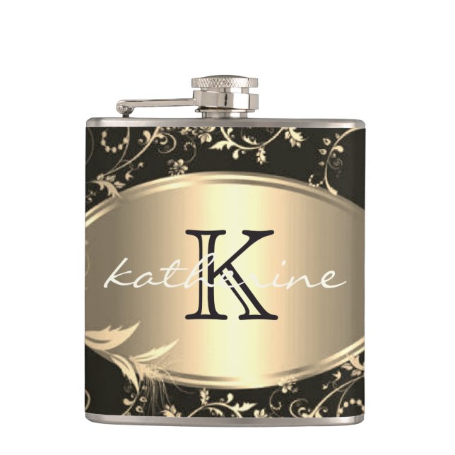 Gold Black Floral Monogram Name Personalised Hip Flask (Front)