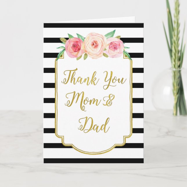 Gold Black Floral Parents Wedding Day Thank You Card (Front)