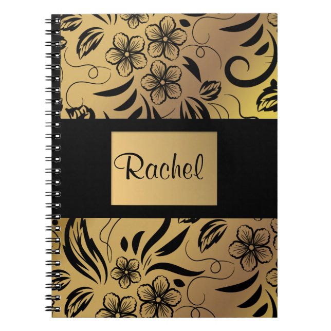 Gold & Black Floral Patterned Notebook any Name (Front)