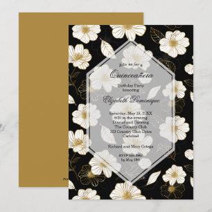 Gold Black Floral Quinceañera Birthday Invitations