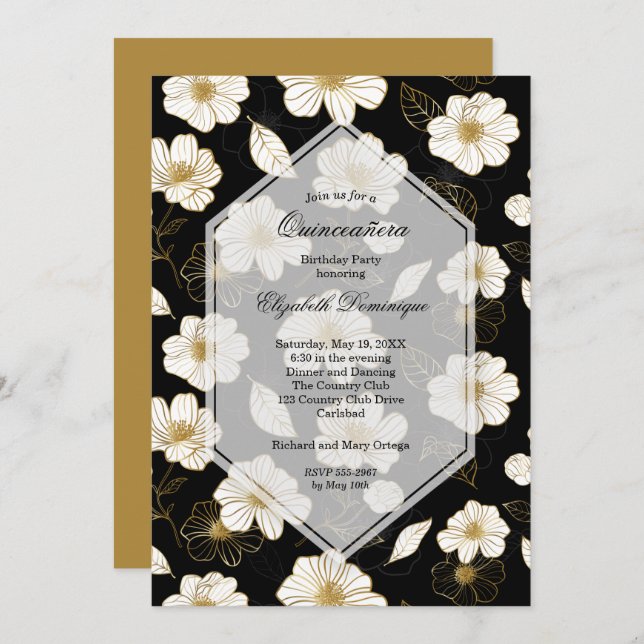 Gold Black Floral Quinceañera Birthday Invitations (Front/Back)
