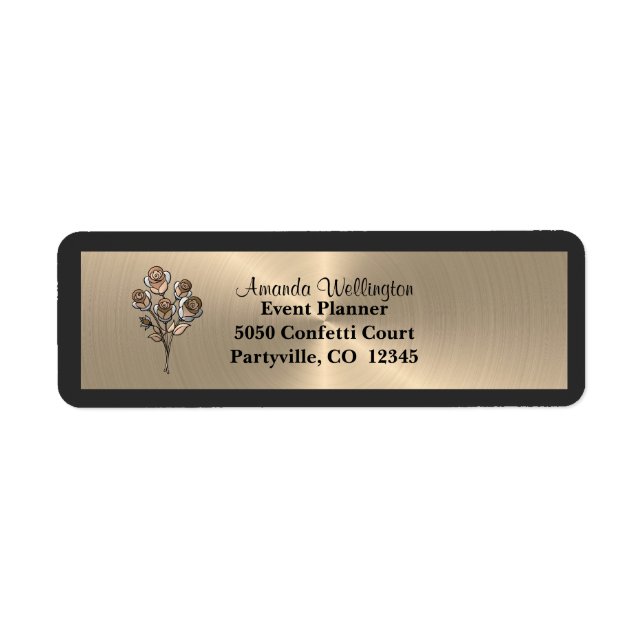 Gold & Black Floral Roses Return Address Label (Front)