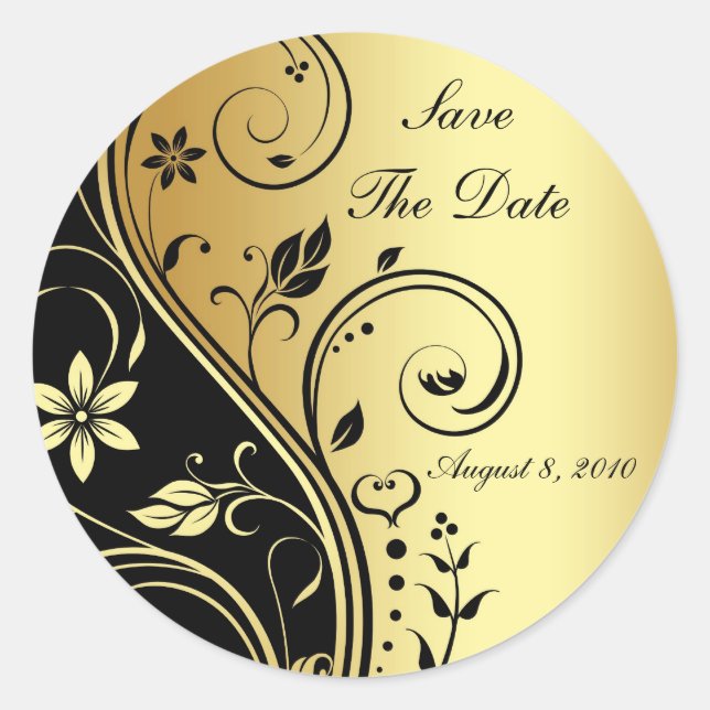 Gold & Black Floral Scroll Save The Date Sticker (Front)