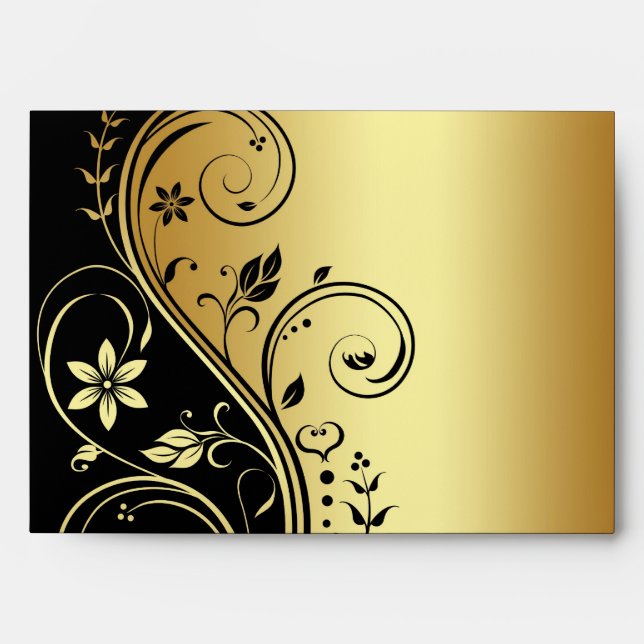 Gold & Black Floral Scroll Wedding Envelope (Front)