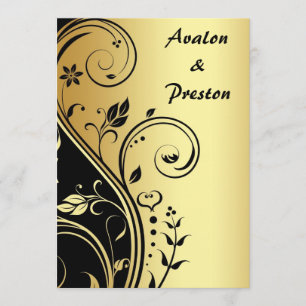 Gold & Black Floral Scroll Wedding Invitation