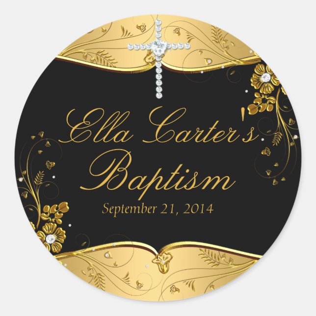 Gold Black Floral Swirl & Cross Baptism Sticker (Front)