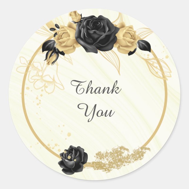 gold & black floral thank you wedding classic round sticker (Front)