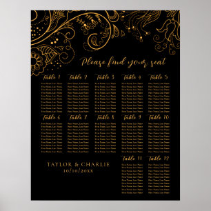 Gold Black Floral Wedding 12 Tables Seating Chart