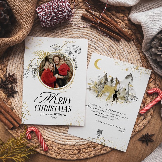 Gold & Black Floral Wreath Photo Christmas Holiday Card (Creator Uploaded)