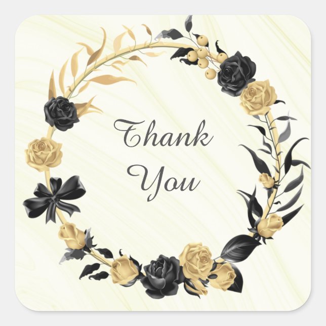 gold & black floral wreath thank you wedding square sticker (Front)