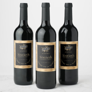 Gold Black Florals Name 60th Birthday Party Wine Label