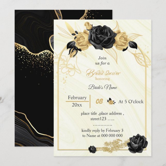 gold & black flowers geometric bridal shower invitation (Front/Back)