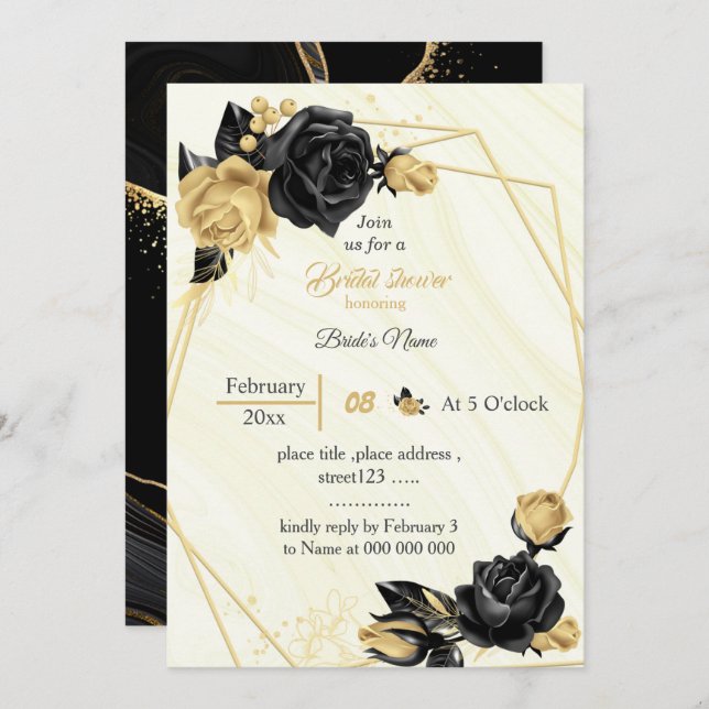 gold & black flowers geometric bridal shower invitation (Front/Back)