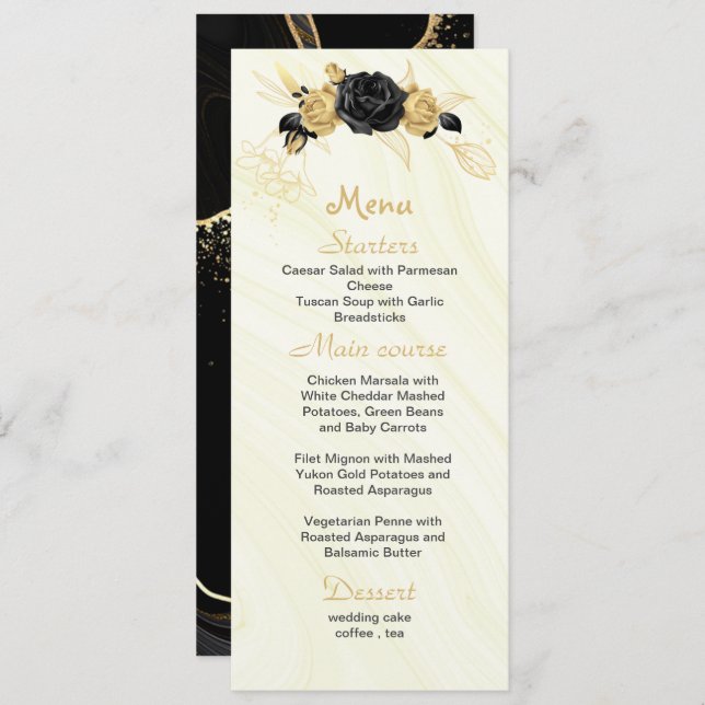 gold & black flowers wedding menu (Front/Back)
