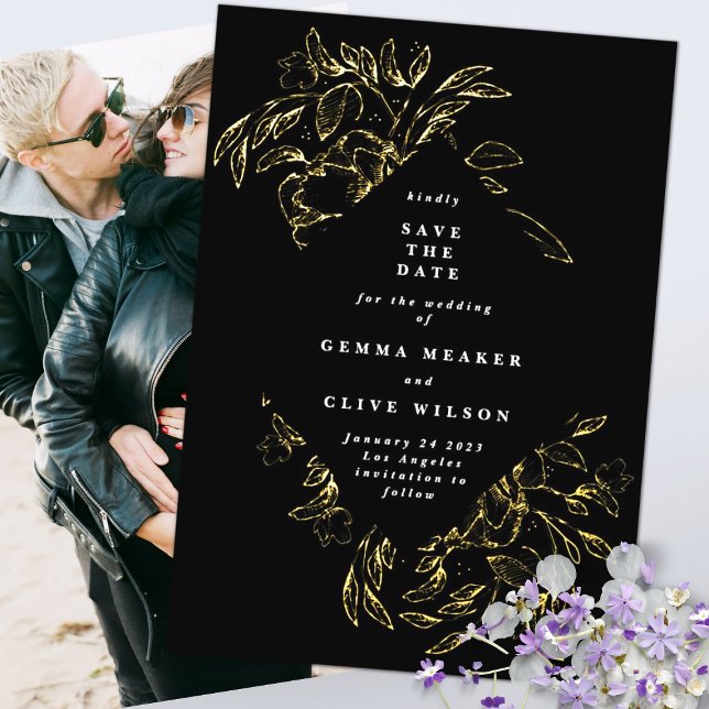 Gold Black Foil Botanical Photo Save The Date (Creator Uploaded)