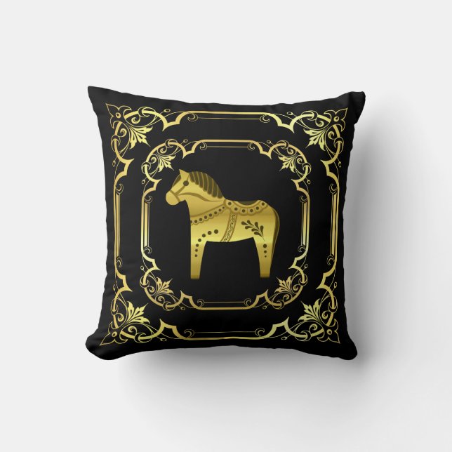 Gold/black Folk Dala horse, gilded design/black Cushion (Front)