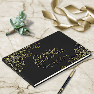 Gold & Black Frilly Filigree Elegant Wedding Guest Book