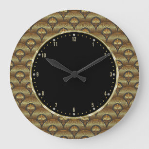 Gold & Black Geometric Art Deco Waves Large Clock