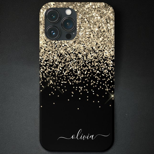Gold Black Girly Glitter Sparkle Monogram Name Cas Case-Mate iPhone Case (Creator Uploaded)
