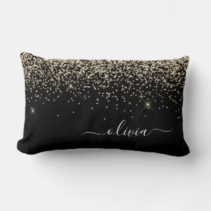 Gold Black Girly Glitter Sparkle Monogram Name Lumbar Cushion