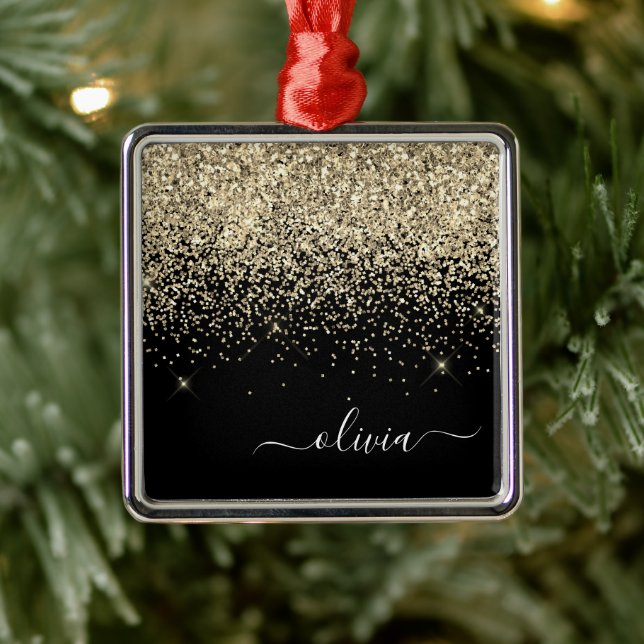 Gold Black Girly Glitter Sparkle Monogram Name Metal Ornament (Tree)