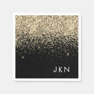 Gold Black Girly Glitter Sparkle Monogram Name Napkin