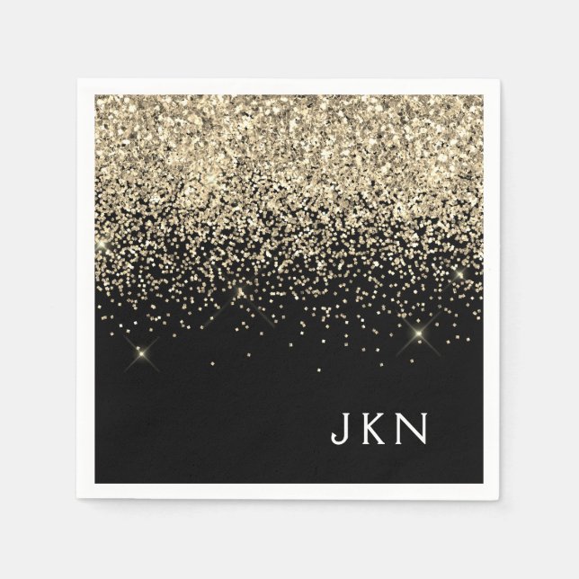 Gold Black Girly Glitter Sparkle Monogram Name Napkin (Front)