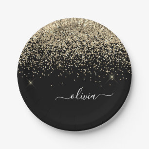 Gold Black Girly Glitter Sparkle Monogram Name Paper Plate