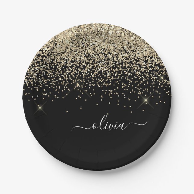 Gold Black Girly Glitter Sparkle Monogram Name Paper Plate (Front)