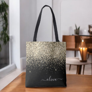 Gold Black Girly Glitter Sparkle Monogram Name Tote Bag