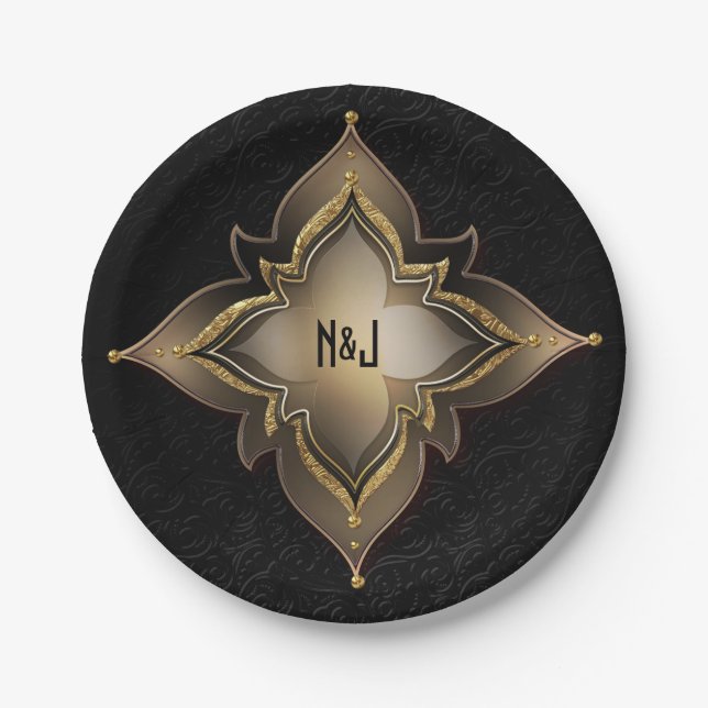 Gold Black Glam Exotic Chic Flower Party Custom Paper Plate (Front)