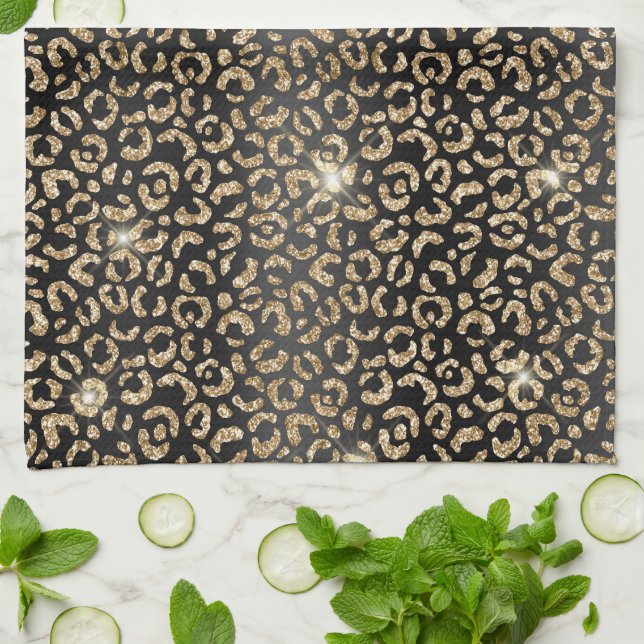 Gold Black Glam Glitter Leopard  Tea Towel (Folded)