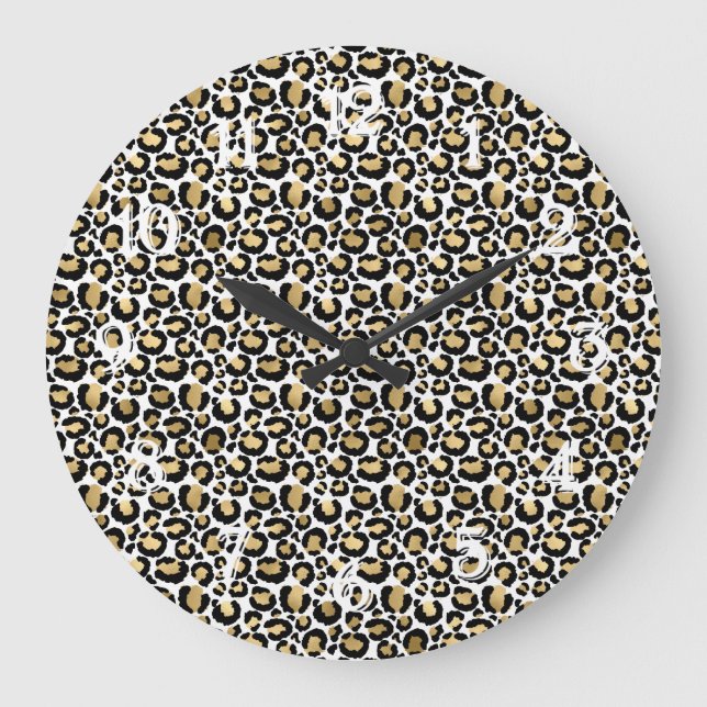 Gold Black Glam Leopard Print Large Clock (Front)