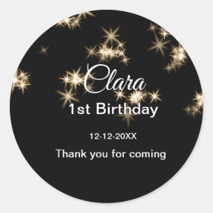 Gold black glitter add name birthday date year tex classic round sticker