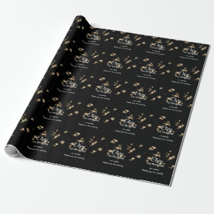 Gold black glitter add name birthday date year tex wrapping paper